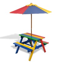 Kids' Picnic Table with Benches and Parasol Multicolour Wood vidaXL