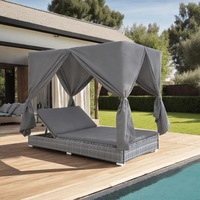 Outdoor Lounge Bed with Curtains Poly Rattan Grey vidaXL