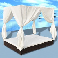 Outdoor Lounge Bed with Curtains Poly Rattan Brown vidaXL