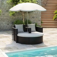 Garden Bed with Parasol Black Poly Rattan vidaXL