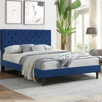 Levede Queen Bed Frame Velvet Mattress Base Platform Wooden Headboard Blue