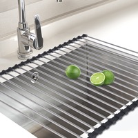 Roll Up Dish Rack Drainer Over Sink Stainless Steel Plate Holder Stand With Tray
