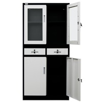 FORTIA Stationery Office Cabinet Metal Lockable Storage 4 Door Cupboard Drawer Shelves, Black & Grey