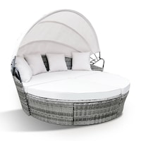 LONDON RATTAN 3PC Outdoor Day Bed, Sun Lounge Rattan Daybed Wicker Patio Furniture, Grey Off White