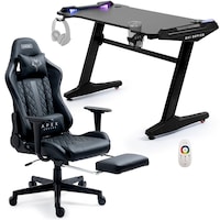 OVERDRIVE Gaming Office Desk and Chair, LED-FX Light Effects, USB Outlets, Headset Hanger, Cup Holder and Footrest, Black