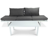 Milan 3 Seater Dual Sunlounger with San Sebastian Coffee Table in Arctic White Frame and Pebble Olefin Cushions