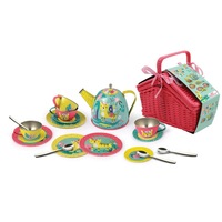 18pcs Kaper Kidz Tiger Themed Kids Pretend Play Tin Tea Set In Picnic Basket 3y+