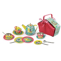 18pcs Kaper Kidz Tiger Themed Kids Pretend Play Tin Tea Set In Picnic Basket 3y+