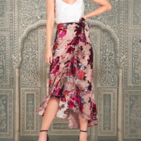 Floral Print Velvet Velour Wrap Skirt