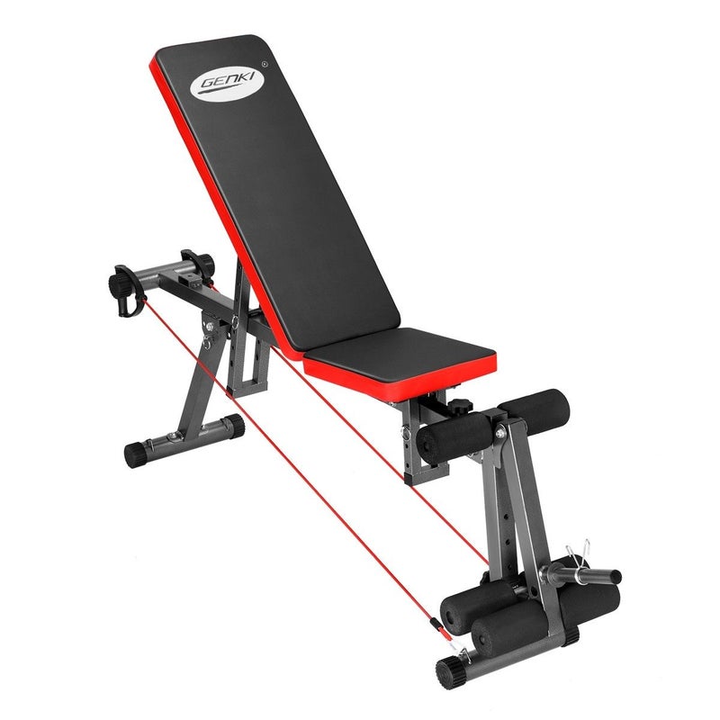 Genki Adjustable Weight FID Bench Home Gym with Elastic Ropes Black & Red