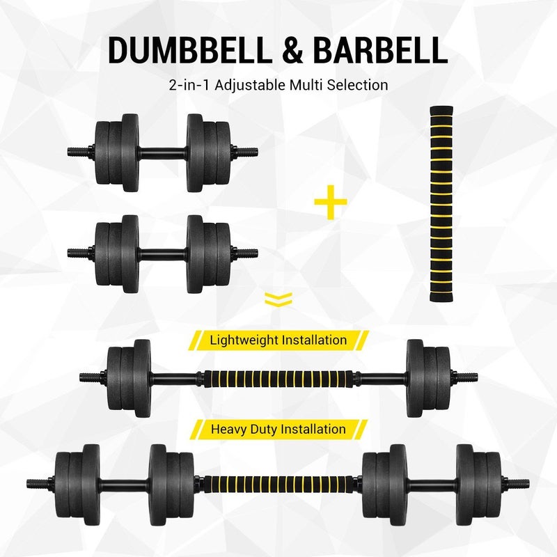 Genki Dumbbell Barbell Set Adjustable Weights 2 In 1 20kg with Connecting Rod for Fitness Home Gym