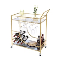 Gold Bar Cart Drinks Trolley Wine Coffee Tea Kitchen Serving Rack Wine Hooks Holders Rack Curtain Wall Mirror Shelves