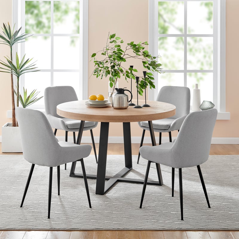 DukeLiving 5 Piece Byron 120cm Round Dining Table & Archer Upholstered Dining Chairs (Grey)