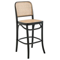 DukeLiving 65cm High Back Harlo Beech Wood & Rattan Bar Stool (Black)