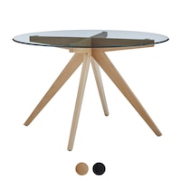 DukeLiving Scandi 120cm Round Glass Top Dining Table (Natural, Black)