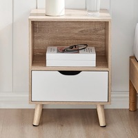 Furnic Scandi Drawer & Open Shelf Bamboo Bedside Table (White & Natural)