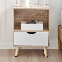 Furnic Scandi Drawer & Open Shelf Bamboo Bedside Table (White & Natural)