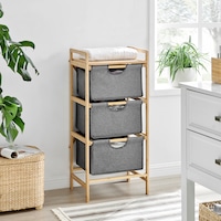 Furnic 3 Drawer Fabric & Bamboo Chest of Drawers Tallboy Storage Cabinet (Grey & Natural)