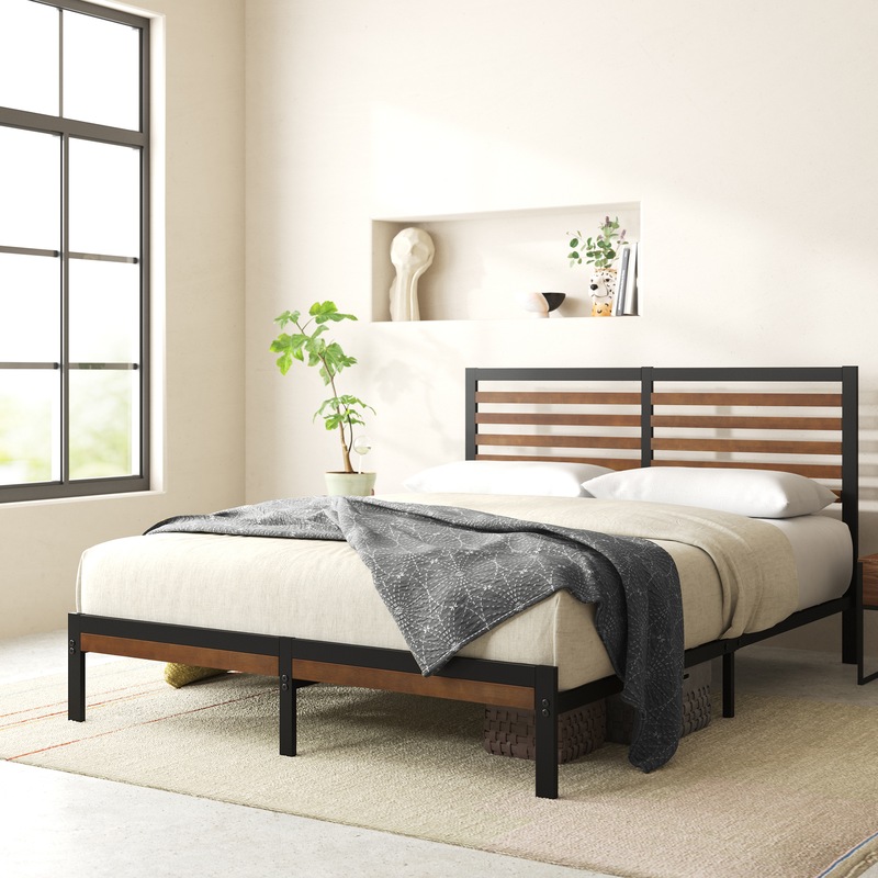 Zinus Kai Bamboo and Metal Bed Frame Platform Base with Footboard Single, Double & Queen Size