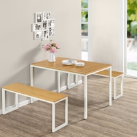 Zinus Louis Modern Studio Soho Dining Table with Two Benches - 3 Pieces Dining Table Set - White