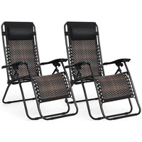Costway 2x Zero Gravity Recliner Outdoor Sun Lounge Folding Beach Chairs Patio Yard Terrace w/Adjustable Headrest Brown