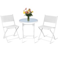 Costway 3PC Outdoor Table Chairs Set Patio Textile Furniture Folding Dining Chairs Tempered Glass Table Bistro Garden White