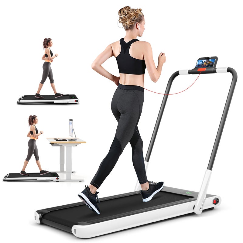 Costway 2-IN-1 Electric Treadmill 12kmh APP Folding Running Machine Home Gym Walking Fitness Equipment w/LED Display & Bluetooth Speaker, White