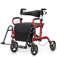 Costway 2-in-1 Folding Rollator Walker Transport Wheelchair Seniors Medical Walking Frame Red