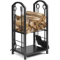 Costway Firewood Rack Stand Iron Log Wood Holder Organizer Fireplace Tool w/Brush Shovel Poker&Tongs  Black