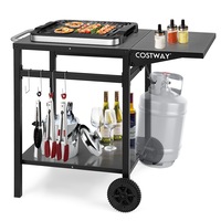 Costway 2-Tier Dining Cart Table Mobile Food Prep Trolley w/Folding Tabletop Gas Tank Hook Outdoor Black