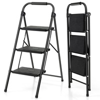 Costway 3-Step Folding Ladder Portable Stool Ladders Metal Heavy-Duty Stepladder 150kg Load Household w/Anti-Slip Pedal Handle Black