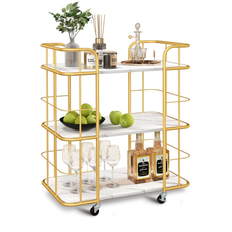 Costway 3-Tier Serving Bar Cart Metal Frame Kitchen Trolley Mobile Storage Rack w/Handles Gold
