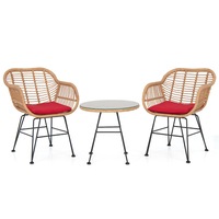 Costway 3PC Outdoor Furniture Set Wicker Lounge Setting All Weather Patio Bistro Sets w/Tempered Glass Table&Cushioned  Red