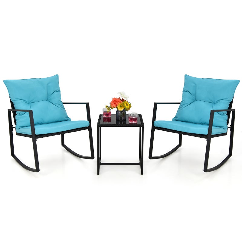 Costway 3PCS Otdoor table chair Patio Conversation Set w/Soft Cushions Porch Backyard Poolside Balcony Turquoise