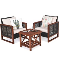Costway 3PCS Outdoor Patio Wooden Furniture Rattan Sofa Set Wicker Table Chairs w/Cushion  Bistro Garden Backyard