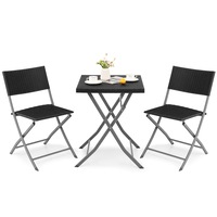 Costway 3PCS Folding Patio Bistro Set Steel Rattan Table Chair Lounge Setting Outdoor Furniture Garden Balcony Black