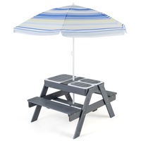 Costway 4-in-1 Kids Sand & Water Activity Table Outdoor Wooden Table & Bench w/3 Removable Bins&Umbrella