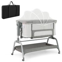 Costway 4in1 Baby Cot Bed Mobile Infant Bedside Sleeper Portacot Cradle w/Net & Storage Basket, Grey