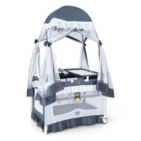 Costway 4in1 Portable Travel Cot Mobile Crib Bassinet Portacot Playpen w/Canopy & Changing Table, Grey
