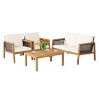 Costway 4PC Outdoor Furniture Lounge Setting Acacia Wood Sofa Dining Set Rattan Chairs Cushion Seats Patio Garden Yard White