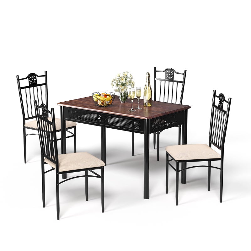 Costway 5pcs Dining Table and Chairs Kitchen Bistro Furniture Set w/4 Upholstered Chair