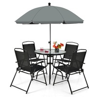 Costway 6 PCS Patio Dining Set Folding Chairs Glass Table Tilt Umbrella Garden Black