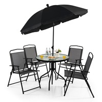 Costway 6PCS Patio Dining Set Folding Chairs Glass Table Tilt Umbrella Garden Grey