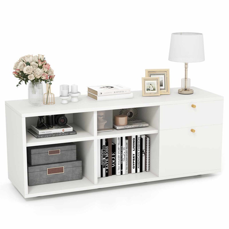 Costway Accent Floor Storage Cabinet Modern 4 Cube TV Stand Table Display Cabinet Cupboard w2 Drawer White