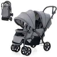 Costway Baby Stroller Tandem Twin Pram Travel Pushchair w/Adjustable Canopy & Footrest & 5-Point Harness & Storage Basket