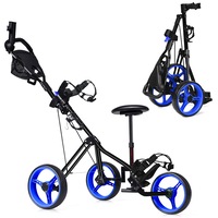 Costway Foldable Pro 3 Wheel Golf Buggy Adjustable Golf Push Cart Trolley w/Seat & Extra Storage Blue