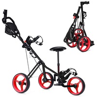 Costway Foldable Pro 3 Wheel Golf Buggy Adjustable Golf Push Cart Trolley w/Seat & Extra Storage Red