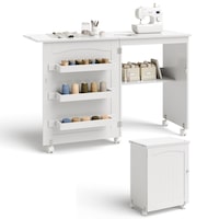 Costway Folding Sewing Table Mobile Craft Cart Storage Cabinet Work Station Desk w/Lockable Casters White
