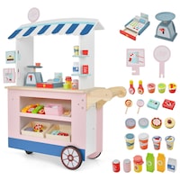 Costway Kids Pretend Food Cart kidren Dessert Trolley Wood Play Stand w/POS Machine & Scale Birthday Gift