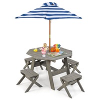 Costway Kids Wooden Table Set Outdoor Picnic Furniture Set w/Removable Umbrella Backyard Garden Grey